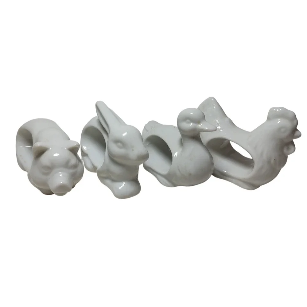 Vintage Animal Napkin Rings‎ White Porcelain Japan Duck Chicken Rabbit Pig Set